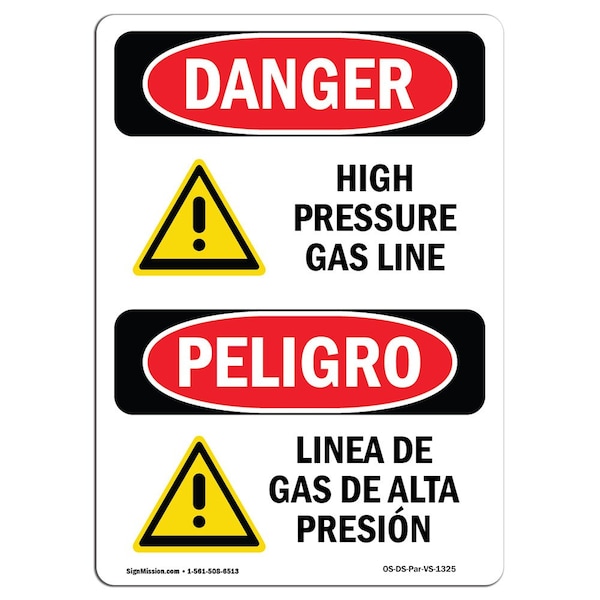 Safety Sign, OSHA Danger, 5" Height, High Pressure Gas Line Bilingual Spanish, 10PK